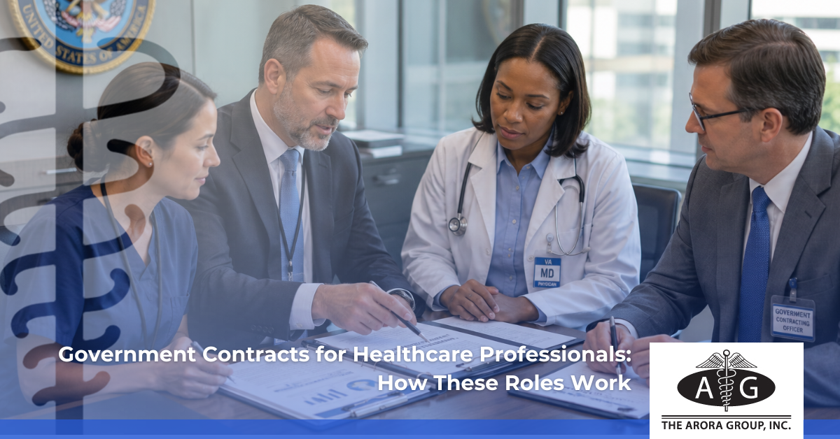 profesionales sanitarios en un contexto de contrato/government, más “negocio clínico” que puramente asistencial. Tipo de imagen recomendada Busca en tu banco de imágenes algo como: healthcare professionals meeting with government officials medical team signing contract doctor and administrator reviewing documents healthcare government contracting / government healthcare staffing Lo ideal que tenga la foto: 2–4 personas: al menos un profesional sanitario (bata o estetoscopio) y una persona “administrativa” (traje o ropa de oficina) revisando documentos o contratos en una mesa. Ambiente de oficina moderna o sala de reunión, con sensación de acuerdo/colaboración.